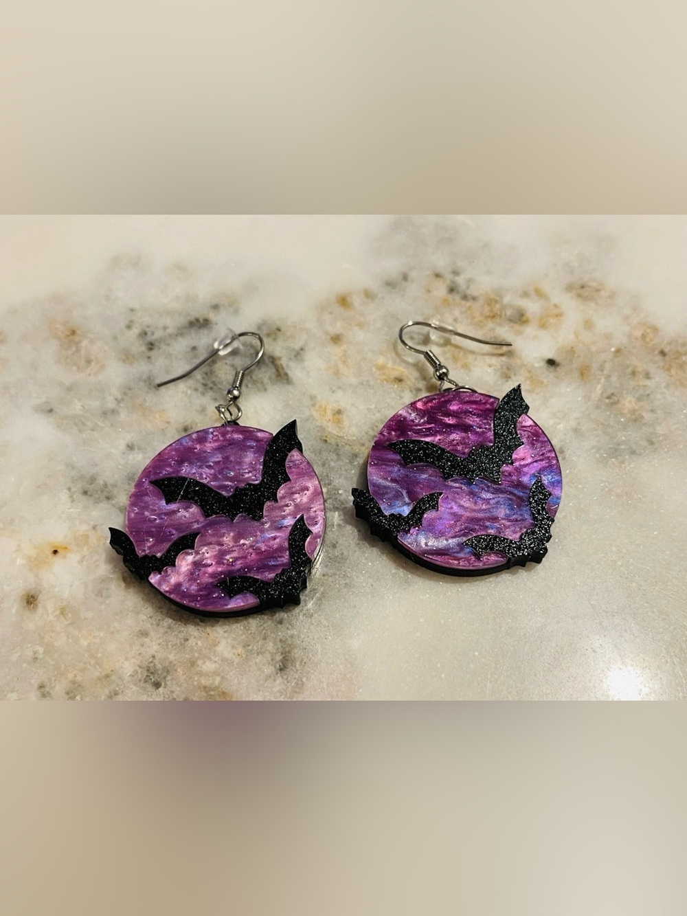 Halloween Purple Marble Full Moon Glitter Black Bats Acrylic Coin Earrings